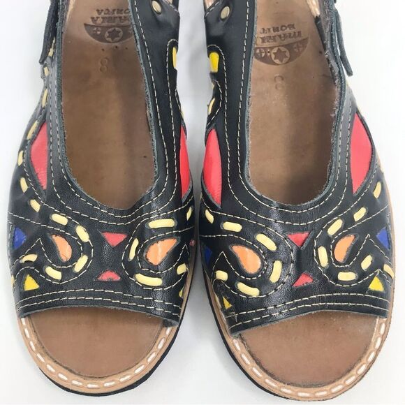 Maria Bonita Black Leather Colorful Stitch Inlay Slingback Open Toe Flat Sandals - Picture 10 of 16
